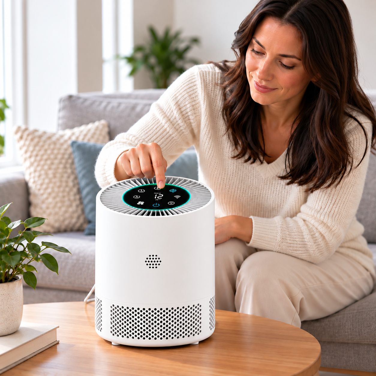 Kvinne betjener WellAir™ smart luftrenser med touchpanel, PM2.5-sensor og WiFi i en lys, moderne stue.