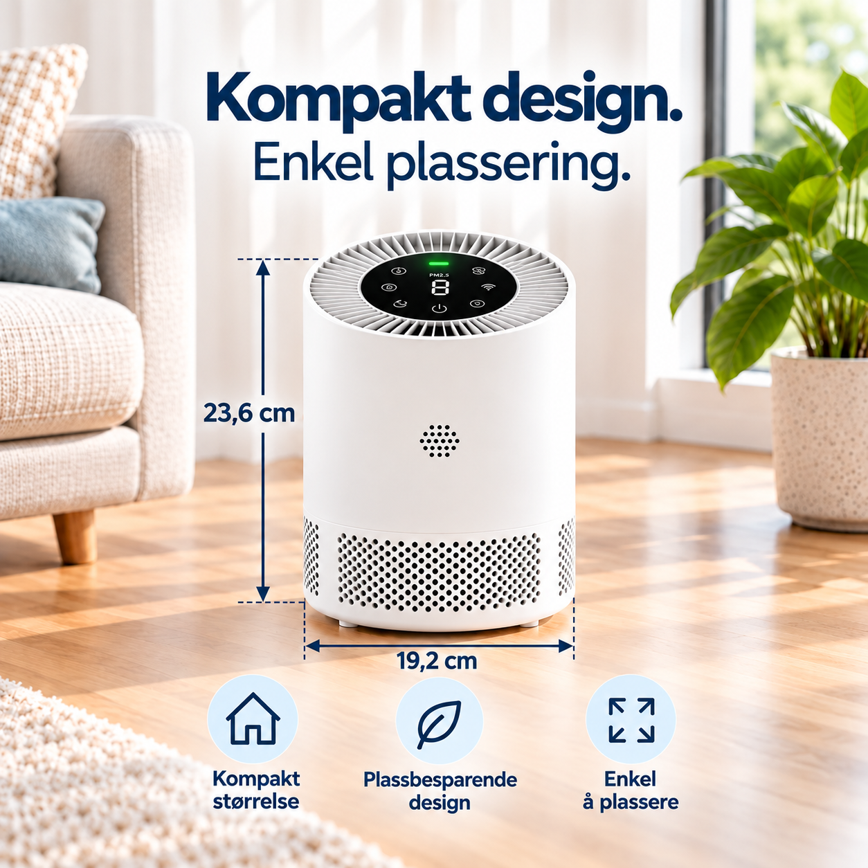 WellAir™ smart luftrenser med WiFi og HEPA-filter i en moderne stue. Kompakt design med mål på 23,6 cm i høyden og 19,2 cm i bredden.