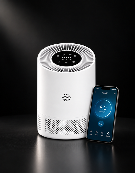 WellAir™ smart luftrenser med WiFi- og appstyring på mørk bakgrunn.