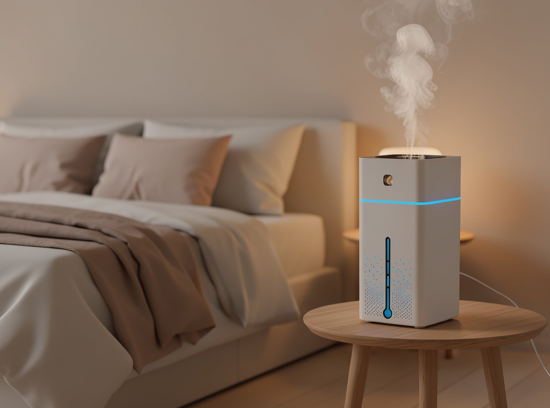 Koselig soverom om natten med hvit Fuktiva-luftfukter