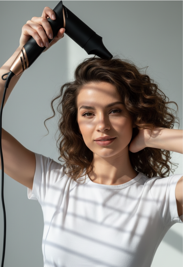 Kvinne som bruker LuxeCurl™ trådløs automatisk krølltang for å lage krøller hjemme