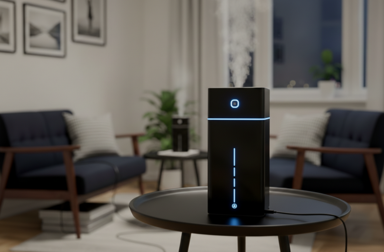 Koselig salong om natten med svart Fuktiva-luftfukter